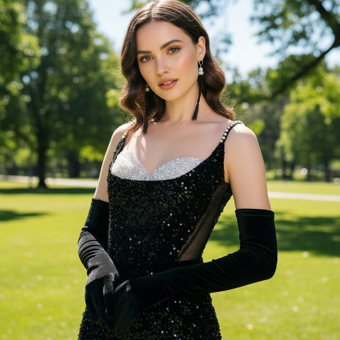 Black Long sparkly Sequined Prom Dress with Spaghetti Straps - Rosymae