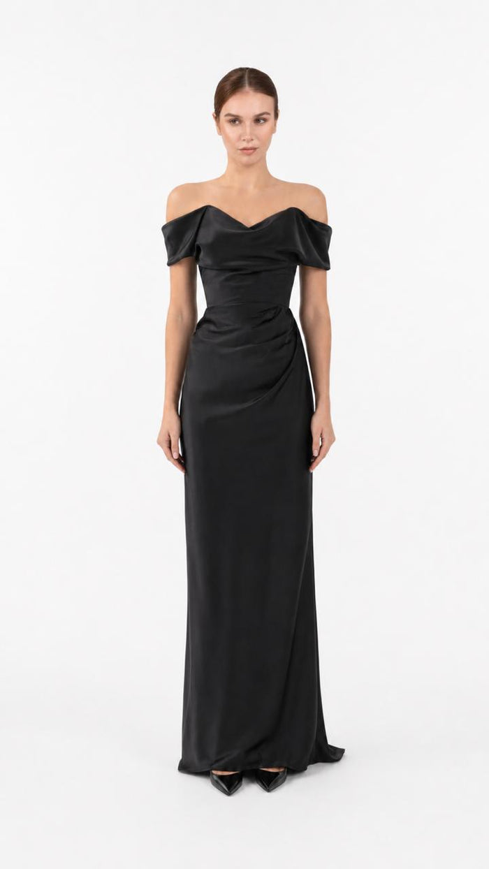 Black Off-Shoulder Satin Evening Gown – VERA