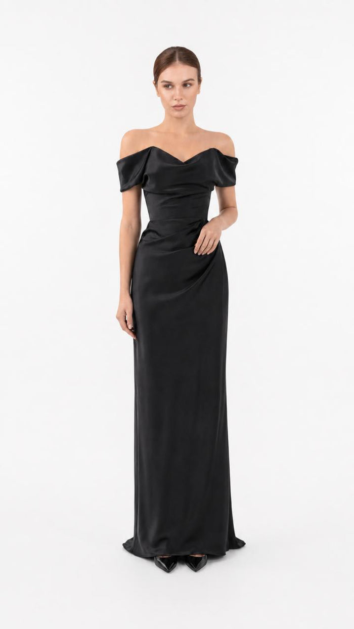 Black Off-Shoulder Satin Evening Gown – VERA
