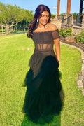 Black Off-the-Shoulder Ruffle Multi-Layers Long Prom Dress