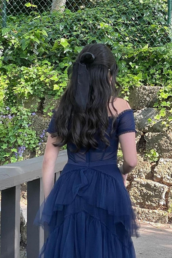 Black Off-the-Shoulder Ruffle Multi-Layers Long Prom Dress