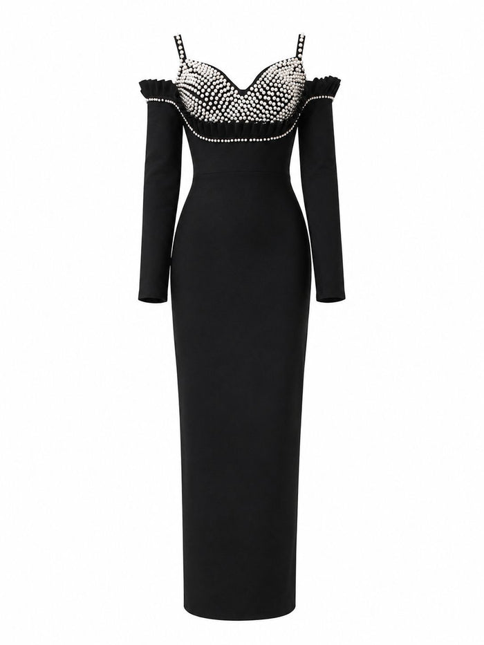 Black Pearl Embellished Off-Shoulder Evening Gown - Prestige