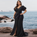 Black Plus Size Evening Dress with V-neck Floral Puff Sleeves with High Slit - Rosymae