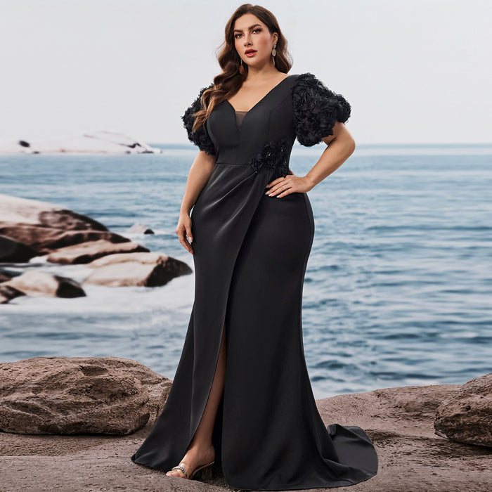 Black Plus Size Evening Dress with V-neck Floral Puff Sleeves with High Slit - Rosymae