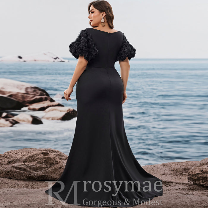 Black Plus Size Evening Dress with V-neck Floral Puff Sleeves with High Slit - Rosymae