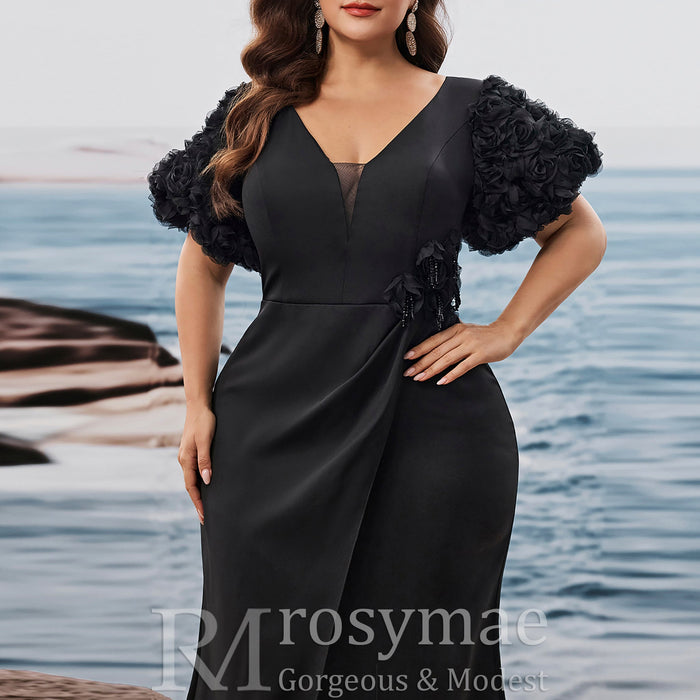 Black Plus Size Evening Dress with V-neck Floral Puff Sleeves with High Slit - Rosymae
