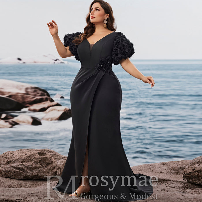 Black Plus Size Evening Dress with V-neck Floral Puff Sleeves with High Slit - Rosymae