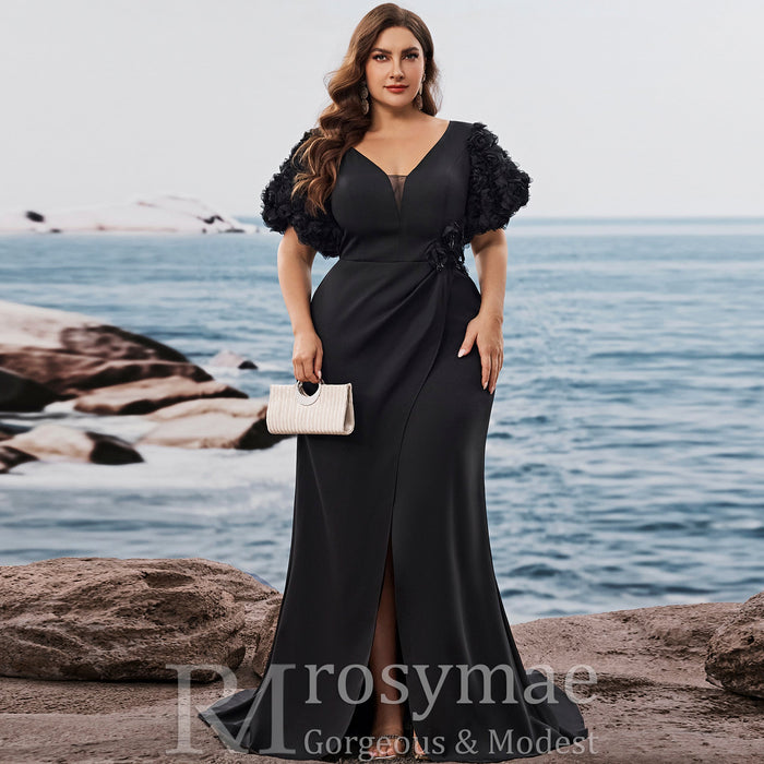 Black Plus Size Evening Dress with V-neck Floral Puff Sleeves with High Slit - Rosymae
