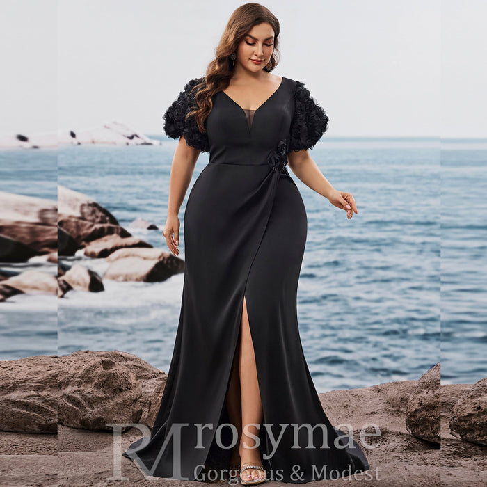 Black Plus Size Evening Dress with V-neck Floral Puff Sleeves with High Slit - Rosymae