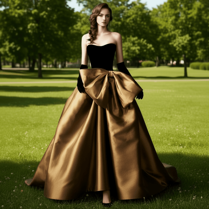 Black Velvet and Champagne Satin Long Prom Dress Formal Gown - Rosymae