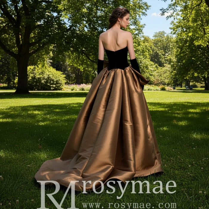 Black Velvet and Champagne Satin Long Prom Dress Formal Gown - Rosymae