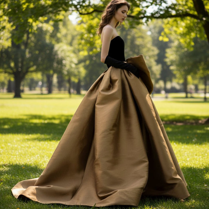 Black Velvet and Champagne Satin Long Prom Dress Formal Gown - Rosymae