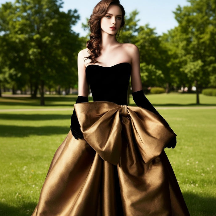 Black Velvet and Champagne Satin Long Prom Dress Formal Gown - Rosymae