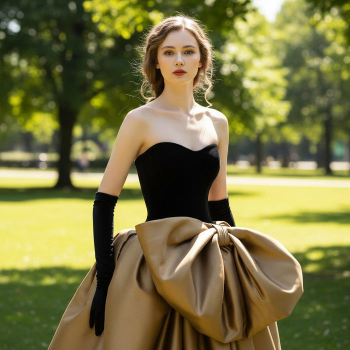 Black Velvet and Champagne Satin Long Prom Dress Formal Gown - Rosymae