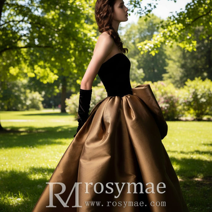 Black Velvet and Champagne Satin Long Prom Dress Formal Gown - Rosymae
