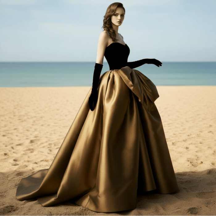 Black Velvet and Champagne Satin Long Prom Dress Formal Gown - Rosymae