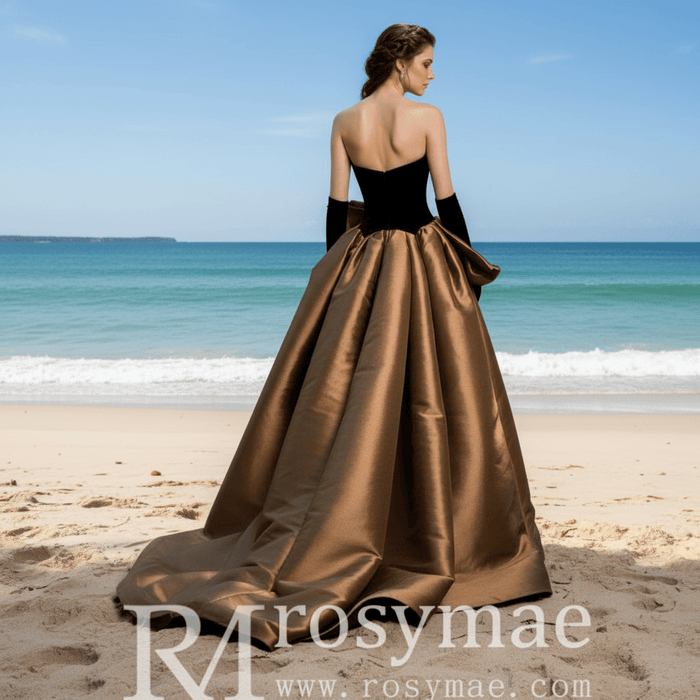 Black Velvet and Champagne Satin Long Prom Dress Formal Gown - Rosymae