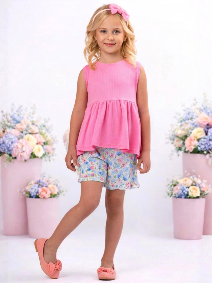 Little girl in pink sleeveless top and floral shorts summer outfit