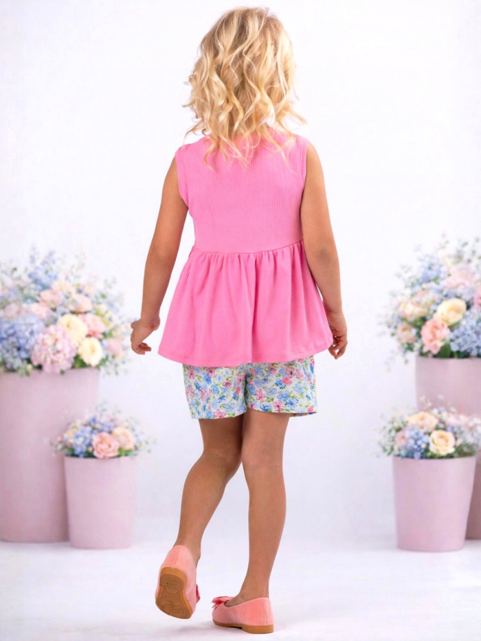 Toddler girl pink outfit with floral print shorts for spring