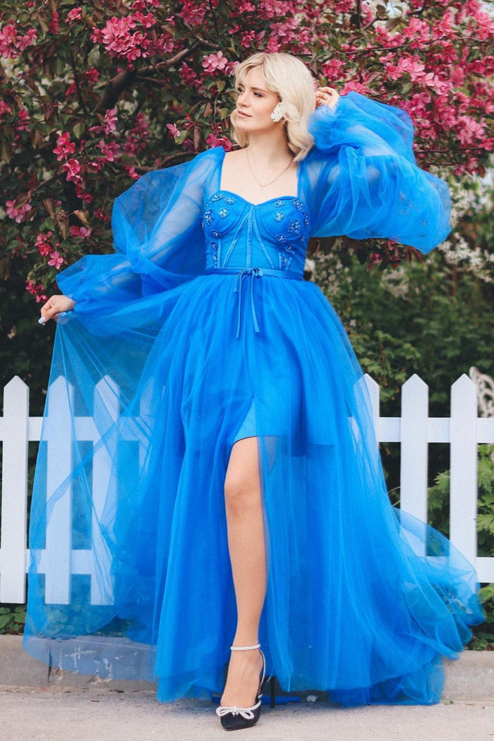 Blue Beaded Illusion Sleeves Tulle Long Prom Dress with Slit