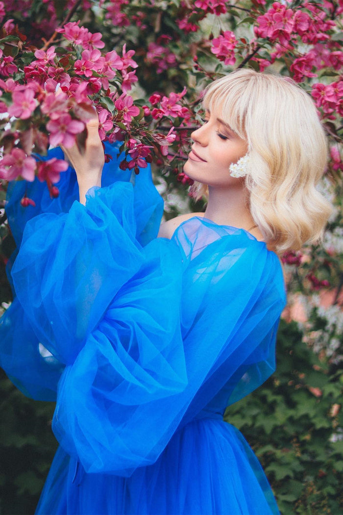 Blue Beaded Illusion Sleeves Tulle Long Prom Dress with Slit