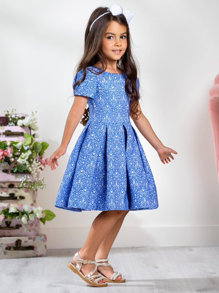Blue Brocade Pleated Midi Dress by Kids Couture Mia Belle Girls