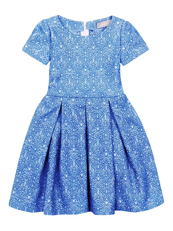 Kids Couture x Mia Belle Girls Blue Brocade Pleated Midi Dress