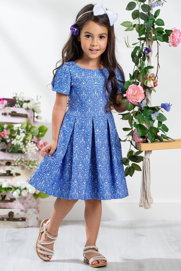 Kids Couture x Mia Belle Girls Blue Brocade Pleated Midi Dress