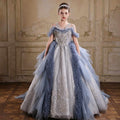 J105 blue off shoulder crystal beaded ruffle princess ball gown flower girl dress