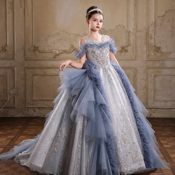 J105 blue off shoulder crystal beaded ruffle princess ball gown flower girl dress