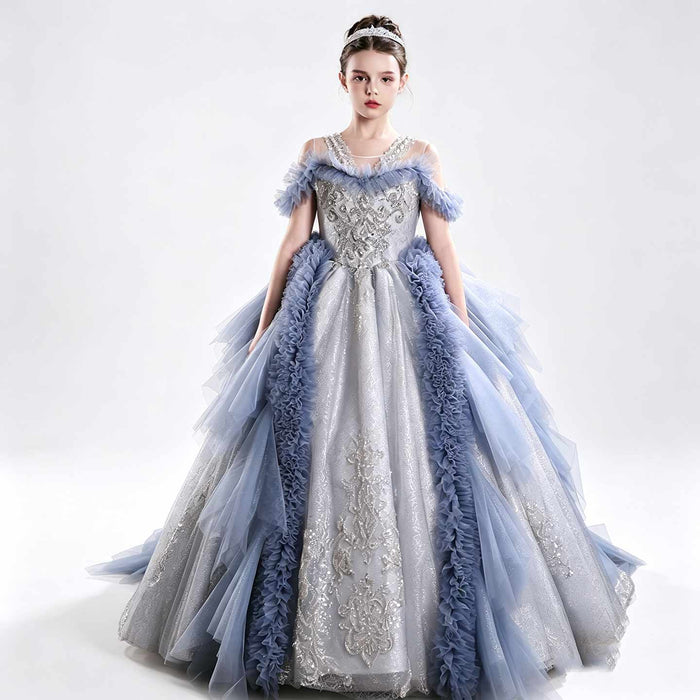 J105 blue off shoulder crystal beaded ruffle princess ball gown flower girl dress