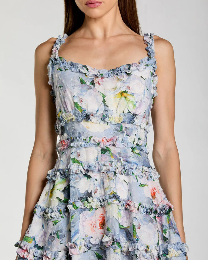 Blue Floral Square Neck Ruffled Cotton Mini Dress Mac Duggal