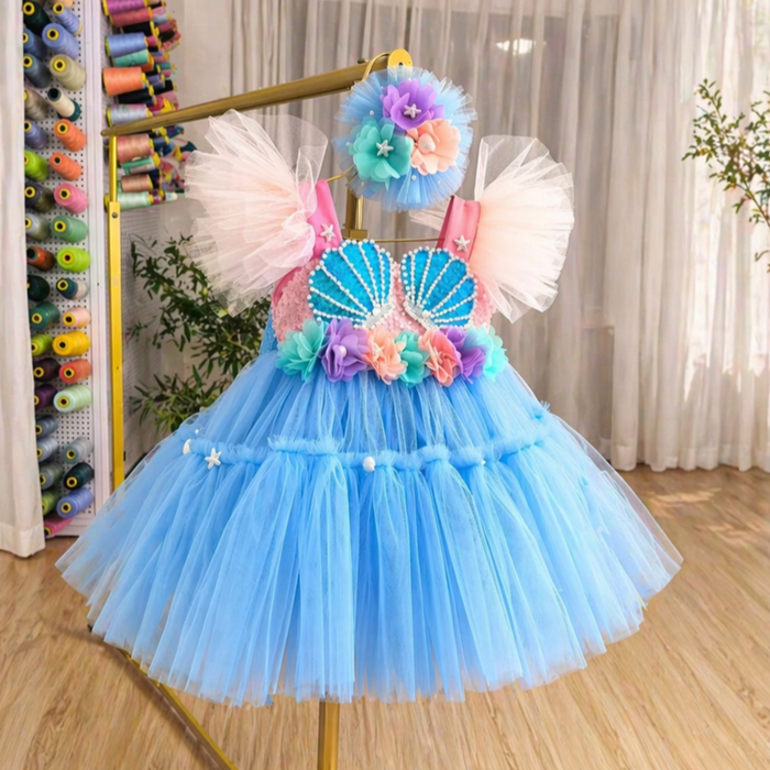 Blue Flower Girl Dress with Sequin Shell Bodice Tulle Princess Party Gown D265