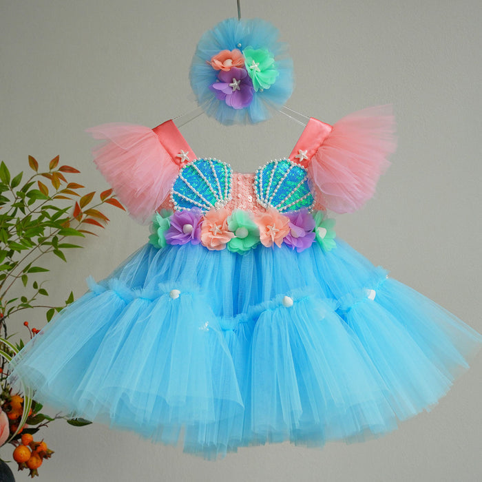 Blue Flower Girl Dress with Sequin Shell Bodice Tulle Princess Party Gown D265