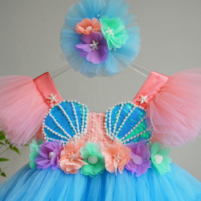 Blue Flower Girl Dress with Sequin Shell Bodice Tulle Princess Party Gown D265