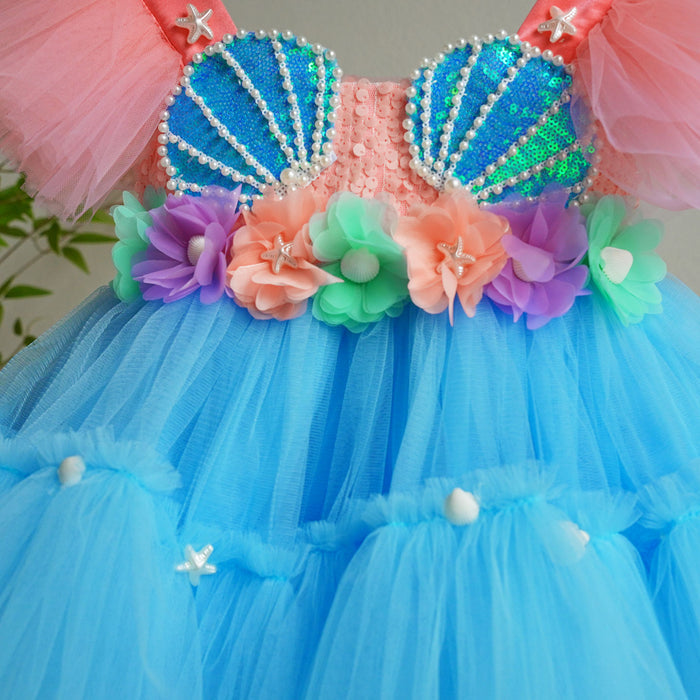 Blue Flower Girl Dress with Sequin Shell Bodice Tulle Princess Party Gown D265