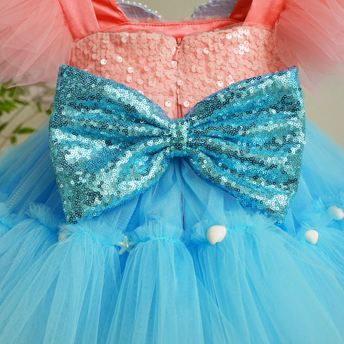 Blue Flower Girl Dress with Sequin Shell Bodice Tulle Princess Party Gown D265