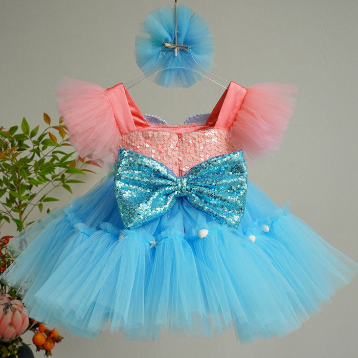 Blue Flower Girl Dress with Sequin Shell Bodice Tulle Princess Party Gown D265