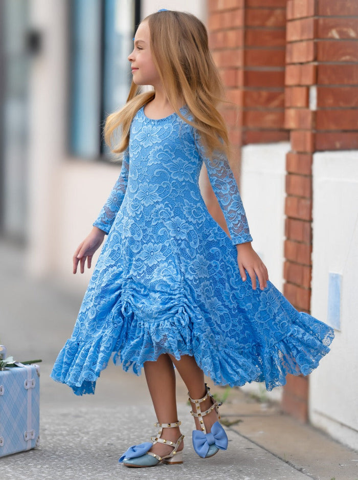 Blue Hi-Lo Drawstring Lace Ruffle Dress Mia Belle Girls