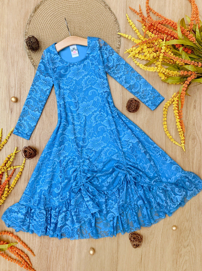 Blue Hi-Lo Drawstring Lace Ruffle Dress Mia Belle Girls