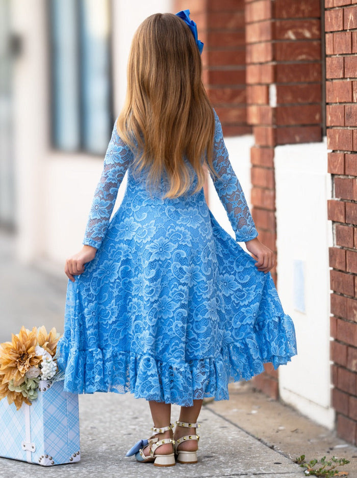 Blue Hi-Lo Drawstring Lace Ruffle Dress Mia Belle Girls