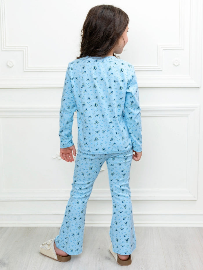 Girls blue floral flare pant set with matching long sleeve top