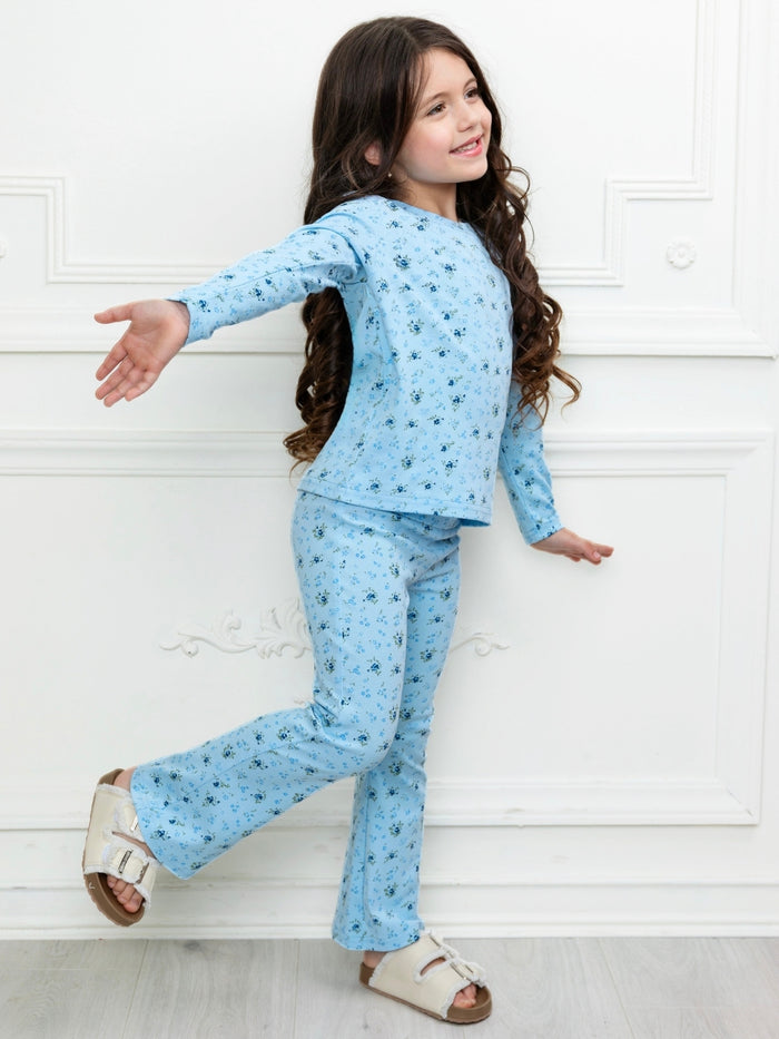 Cute girls matching floral set with long sleeve shirt and flare pants