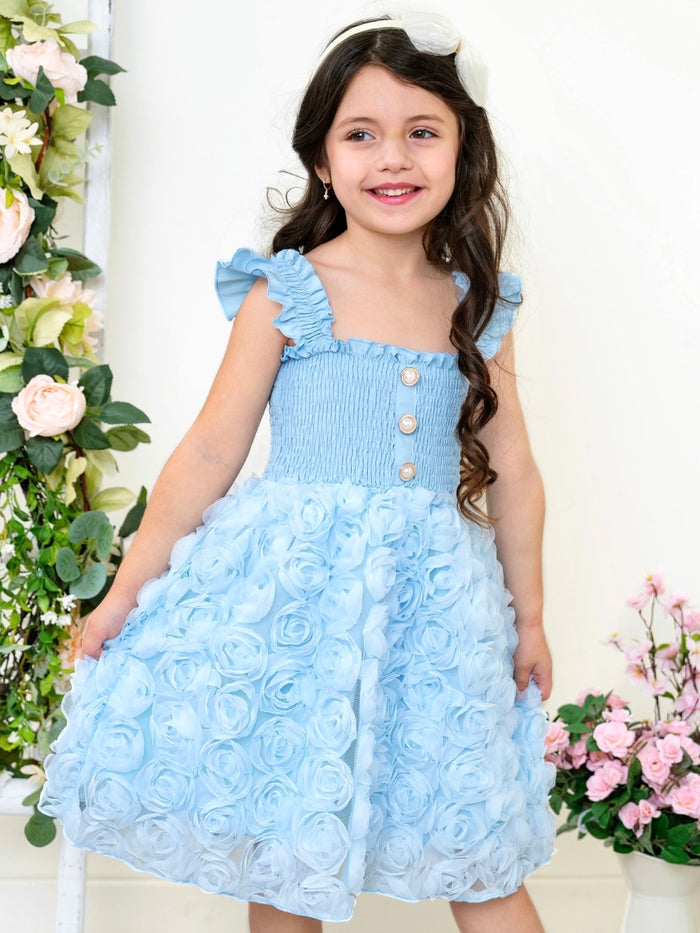 girls blue special occasion dress with rosettes