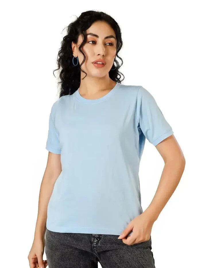 BlueFicus  Women Solid Round Neck Cotton Blend T-Shirt Blueficus