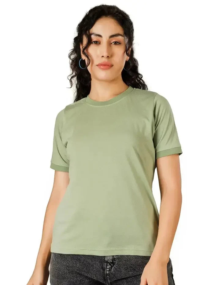 BlueFicus  Women Solid Round Neck Cotton Blend T-Shirt Blueficus