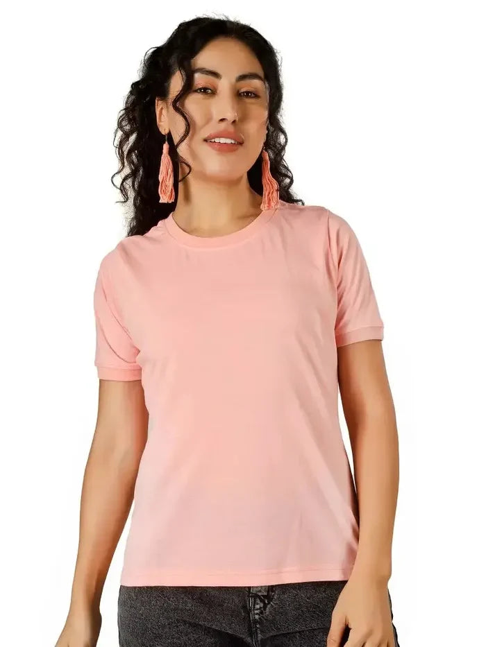 BlueFicus  Women Solid Round Neck Cotton Blend T-Shirt Blueficus