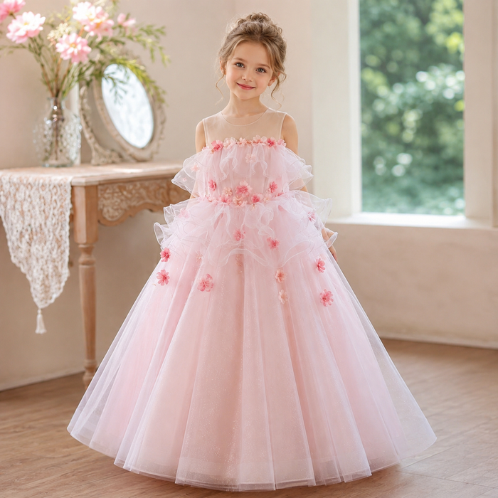 Blush Pink 3D Floral Ruffle Tulle Ball Gown Flower Girl Dress D360