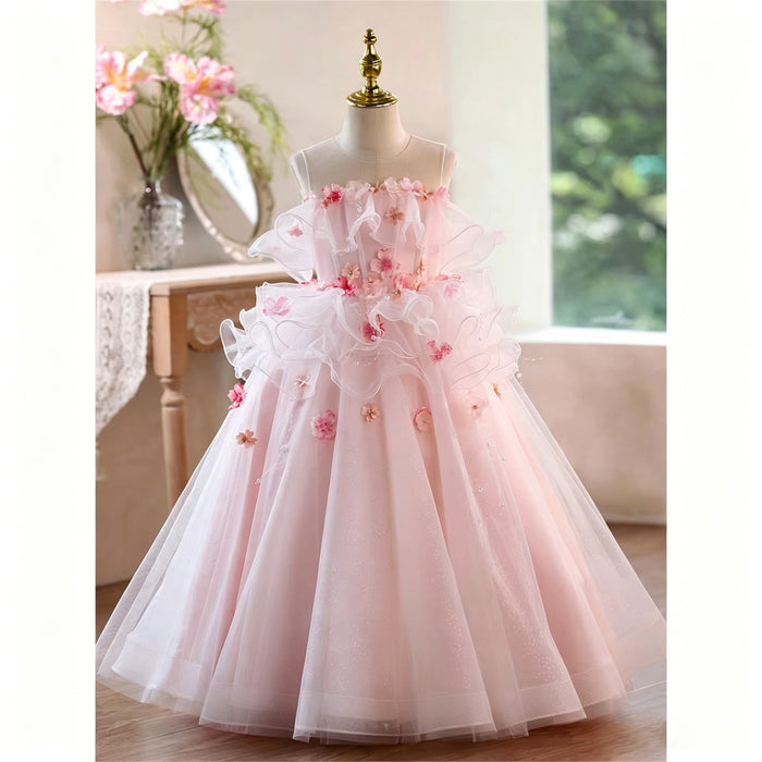Blush Pink 3D Floral Ruffle Tulle Ball Gown Flower Girl Dress D360