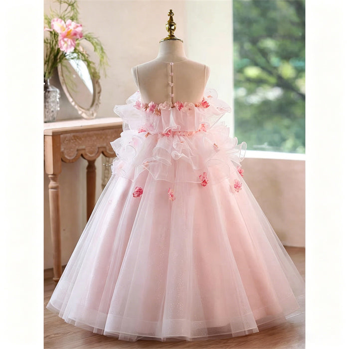 Blush Pink 3D Floral Ruffle Tulle Ball Gown Flower Girl Dress D360